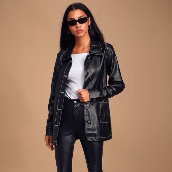 Lulus Black Vegan Leather Belted Jacket - Picture 2 of 8